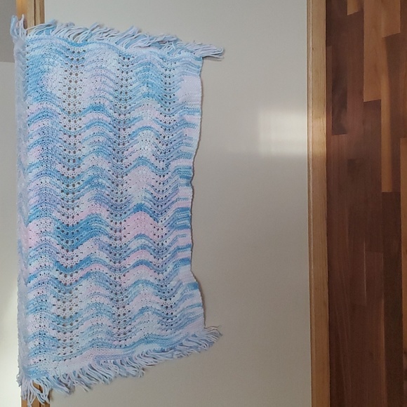 New Unused Vintage Crocheted Baby Afghan/Blanket, Pink,Blue,White, 50x45, Gorg! - Picture 7 of 13